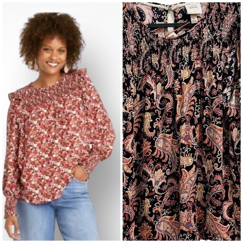 Knox Rose XL Boho Floral Peasant Top Smocked Ruffle Blouse Red Pink Long Sleeve